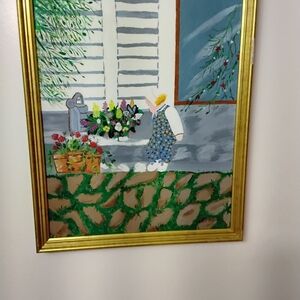 Colorful Framed Painting with Gold Frame A Child Looking At Flowers